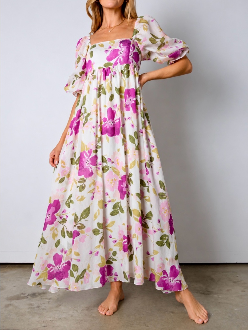 Vestique White Maxi Dress with Pink Floral Print
